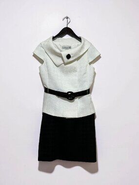 Tahari ASL 2pc Houndstooth Set: White Wide Collar Top & Black Pencil Skirt - 6